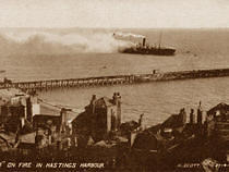 SS Lugano on Fire at Hastings Harbour